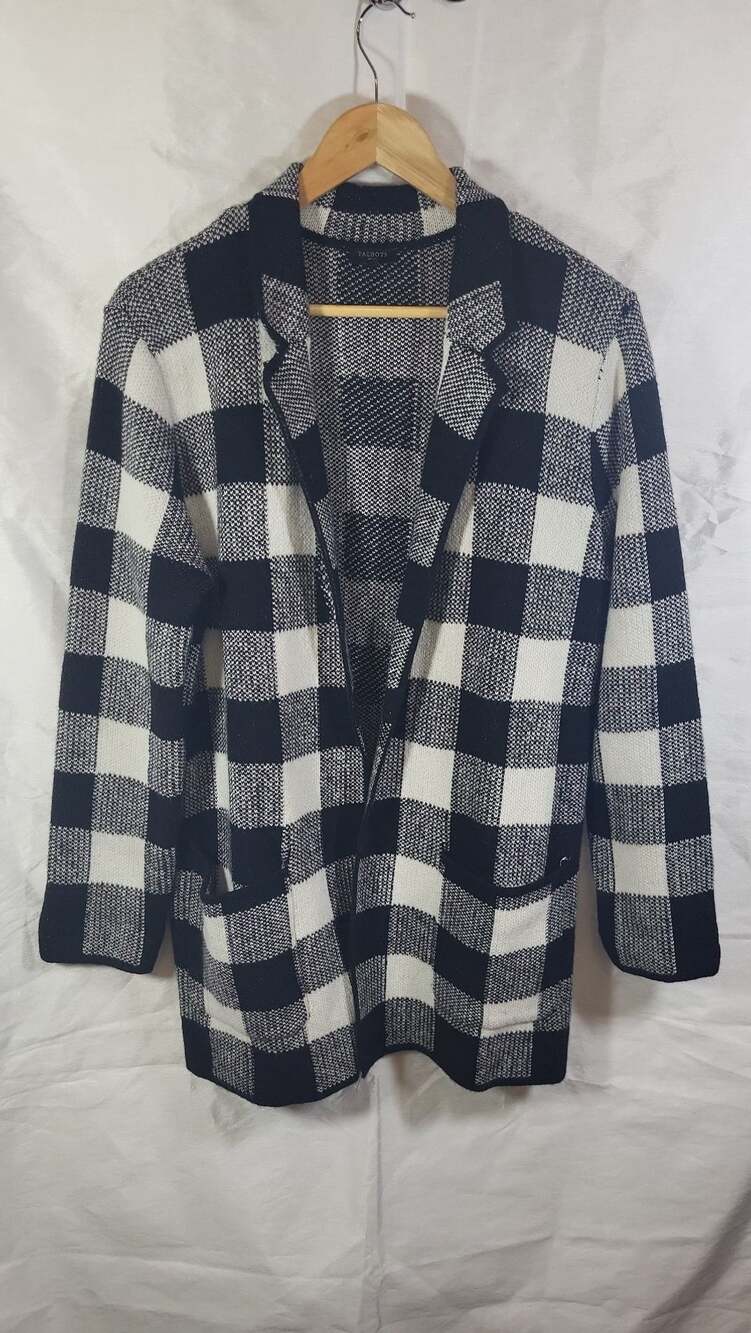 Talbots Petite Medium Buffalo Plaid Notch Collar Sweater Jacket Black White